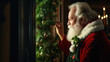 Santa adjusting mistletoe inviting moments of holiday affection in a scented room