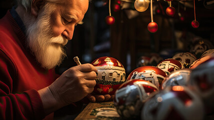 Wall Mural - Santa arranging hand-painted ornaments each a work of art on a festively decorated tree