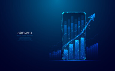 Leinwandbilder - Abstract mobile phone and growth chart on smartphone screen. Stock market and finance concepts. Low poly wireframe vector illustration in futuristic light blue style on a technology background.