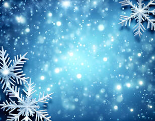 Wall Mural - Blue sparkling Christmas and winter background with white snowflakes,