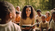 © EUGINE - group of students studying. A young camp counselor holds a book in her hands and is surrounded by a diverse, multiracial group of children in a natural environment at a summer camp.