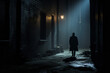 A lone, suspicious figure stands at the end of a poorly lit alley, casting an atmosphere of uncertainty and risk