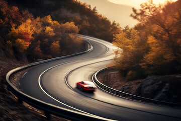 Canvas Print - A car speeds dangerously along a curvy mountain road, ignoring the warning signs for tight bends