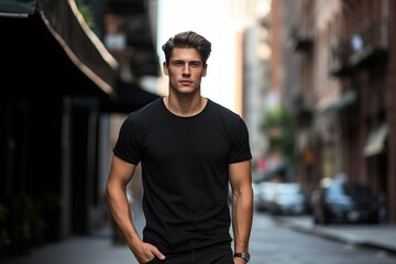 Wall Mural - Handsome young man in black t-shirt standing on the street