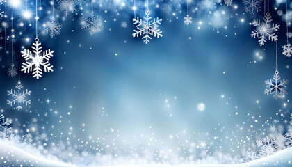 Wall Mural - Blue sparkling Christmas and winter background with white snowflakes,