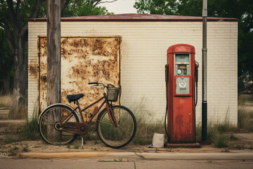 A bicycle is parked next to a gas pump, symbolizing the savings in fuel costs that come from using eco-friendly transportation.