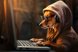Portrait of a little dachshund dog wear glasses and working with a laptop