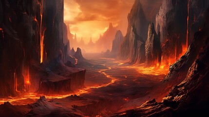 Wall Mural - A fantastical canyon filled with fire and lava and s  AI generated illustration