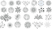 Fireworks, Stars, Bursts, Vector Illustration Set. Different Styles, Sizes. Perfect For New Year, Celebrations, Holiday, Festive, Party, Night Sky, Pyrotechnics, Sparks, Bang, Boom, Pop, Rocket