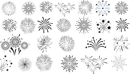 Wall Mural - fireworks, stars, bursts, vector illustration set. different styles, sizes. perfect for new year, ce