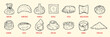 Set hand drawn illustration wonton, dumpling, khinkali, ravioli, gyoza, maultaschen, baozi, khanum, kurze, tortellini, dim sum, mandu, manti, kreplach. Collection vector food in sketch style.
