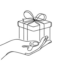 Wall Mural - Human hand holding gift box in continuous line isolated. Vector illustration
