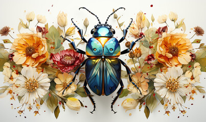 Wall Mural - Colorful beetle on flowers on a white background.