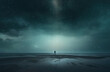 Sad man is standing in dark night rainy sky above an ocean