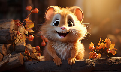 Wall Mural - Cartoon 3d hamster on an autumn background.