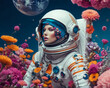 Young woman in an astronaut suit surrounded by blooming flowers. Ideal for surreal, space exploration, and nature's beauty concepts.