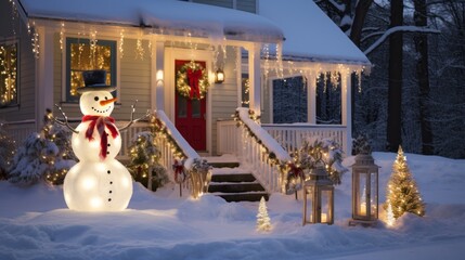 Festive Winter Scene: House with Sparkling Lights, Snowman, Sleigh, and Gifts.