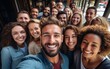 © Lustre Art Group  - Close up portrait of young beautiful smiling group of people different races taking selfie after party. Concept of business, partnership, friendship, relationship, love, lifestyle. Ad
