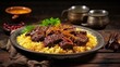 The national Saudi Arabian dish beef kabsa with rice mandi,western arabic food , yemeni food. beef with rice. 