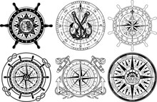 Compass Wind Roses With Anchor Rope Knot Steering Boat Wheel Nautical Vector Elements Collection