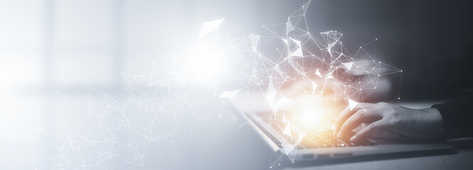 Internet network technology, digital software development future tech background, IoT concept, Business people using modern laptops surfing internet futuristic metaverse and innovative technology