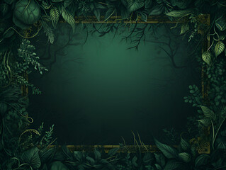 Abstract white empty frame background on dark green color with leaves, copy space inside