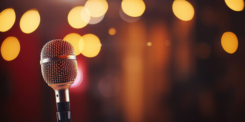 Wall Mural - Closeup of retro microphone on stage with a bokeh light backdrop. Karaoke or concert concept. Generative AI