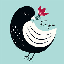 The Bird Holds A Flower In Its Beak For You. Valentine's Day