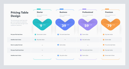 Poster - Price comparison table template for four plans or services. Simple flat infographic design for website marketing or promotion.