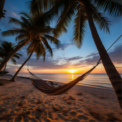 on a white sand beach, a hammock suspended between two coconut trees at sunset over the ocean