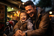 Parent and children, father with son. Happy family, a carefree and playful evening in the town. Asian-American people smiling outdoors. Happiness and love in a fun relationship between dad and child