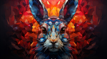 Wall Mural - Multicolor geometric illustration of a rabbit. Colourful poly graphic on black background.