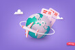 Around the world travelling by plane, airplane trip in various country, travel pin location on a global map. 3D Web Vector Illustrations.