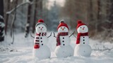 Fototapeta Tęcza - cute snowman in the forest with gifts for christmas