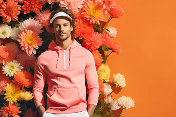 Stylish man in a pink hoodie and cap on a floral orange background. Free space for product placement or advertising text.