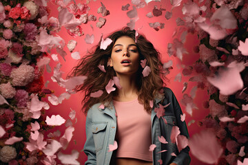 Wall Mural - Stylish woman with falling rose petals against floral background. Fashionable women's clothing banner layout.