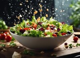 healthy and delicious salad bowl, exploding ingredients, copy space for text