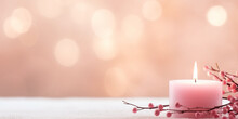 Pink Christmas - Banner Of Light Up Candle, Ornaments And Branches On Snowy Wooden Table With Pink and Gold Bokeh Background