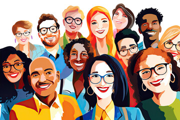 A simple illustration selfie portrait of a group people of different nationalities and genders.