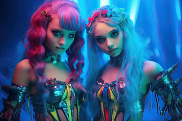 Young beautiful girls at a crazy cyber neon party in electro costumes