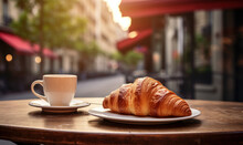 Petit Déjeuner Parisien Typique Avec Croissant Et Café Sur Une Table De Bistrot