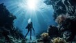 © Iarte - Scuba diving in deep ocean with rocks and coral plants underwater seascape