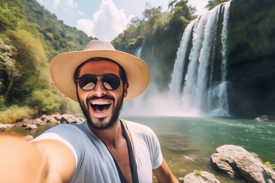 handsome tourist in hat and sunglasses taking selfie visiting in front of waterfall