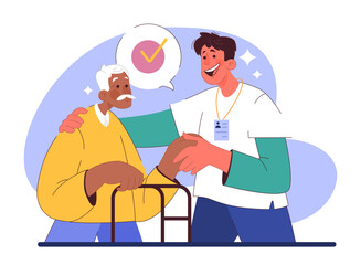 Wall Mural - Humanizing healthcare. Modern physician approach on medical treatment and patient assistance. Doctor' respect, ethical commitment and alliance. Flat vector illustration