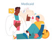 Doctor assures a concerned patient about Medicaid coverage, emphasizing its benefits and reliability. Beside them, symbols represent medical checks and financial ease. Flat vector illustration.