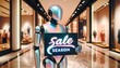 In a futuristic mall, a sleek robot stands amongst colorful art and mirrored walls, holding a sign announcing a wild sale that promises to stir emotions and ignite creativity in shoppers