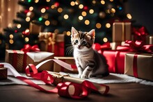 A Curious Kitten Playing With A Ribbon And Wrapping Paper From Christmas Presents Scattered Around