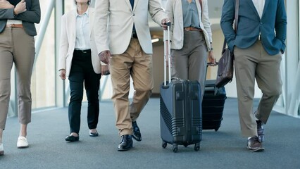 Poster - Business team, suitcase and feet walking of staff shoes at airport for travel and work conference. Group, traveling bags and luggage for journey and trip for global seminar and convention with legs