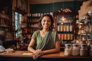 Indian small business owner smiling cheerfully in her shop. Portrait of proud female shop owner in front of stacked shelves.