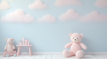 Pastel Baby Background In Soft Light Blue And Pink Colors With Teddy Bear Cloud Toy. Generative Ai